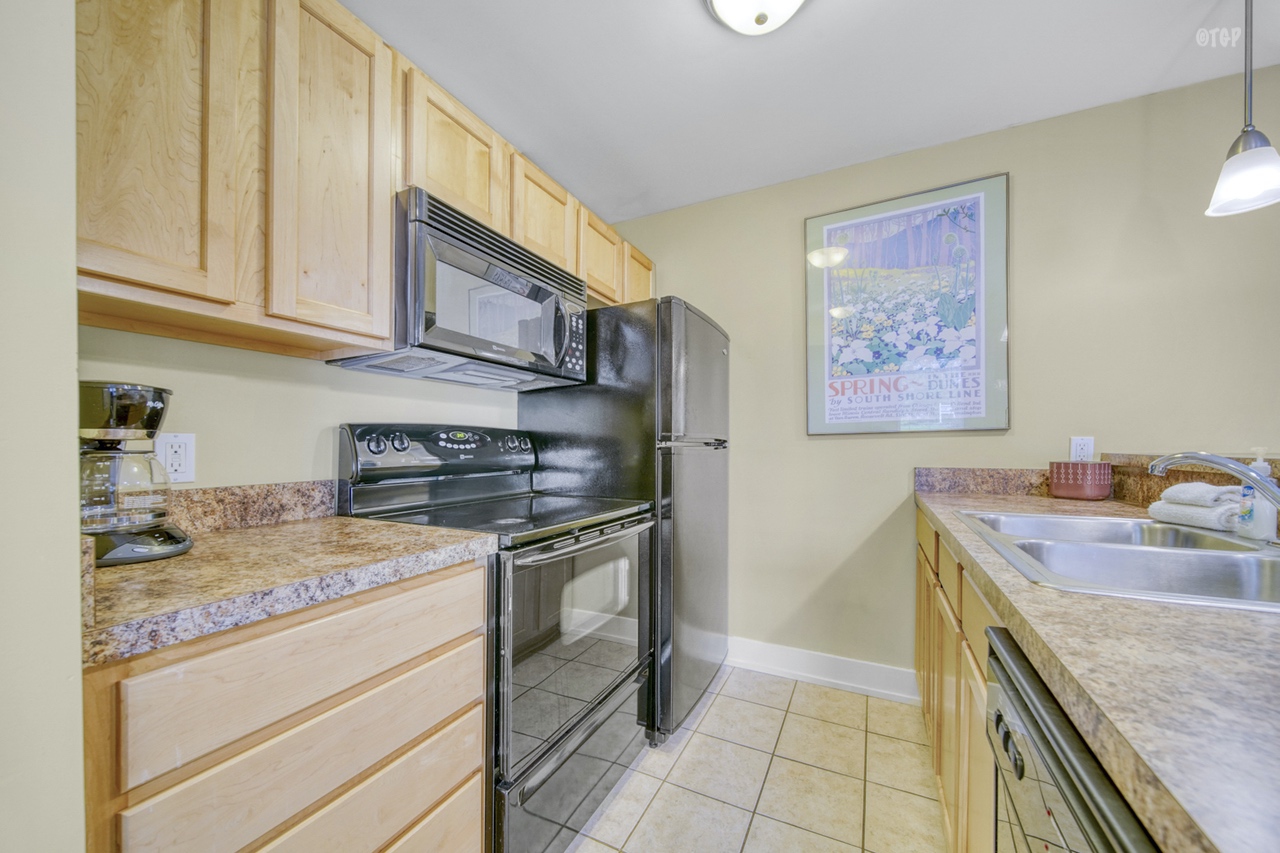Unit 14 at the Northern Lights Condo Resort features a functional kitchenette.